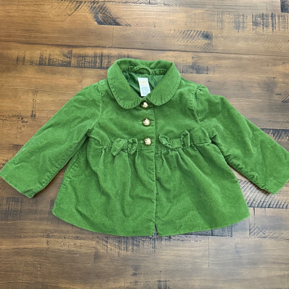 Gymboree Green Velvet Coat Jacket Gold Buttons‎ Bows Infant Girl 12-24 Mos